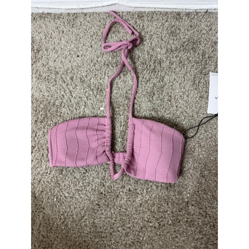 RVCA Chevy Grooves Halter Bandeau Bikini Top Pink Wavy Texture Small NWT